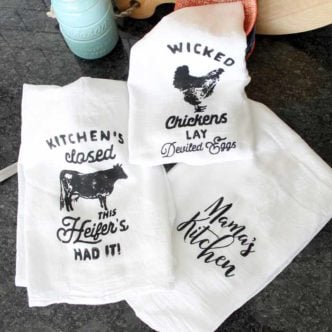 Tea towel printing is super easy with Chalk Couture! See how to make these three tea towels in minutes with this product then whip up a bunch for yourself, as gifts, or to sell!