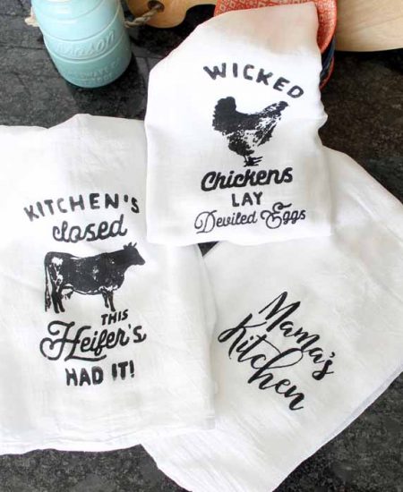 black and white printed tea towels with chalk couture