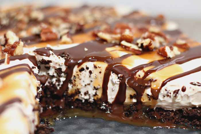 A close up of a slice of cake and ice cream on a plate, with Cheesecake and Caramel