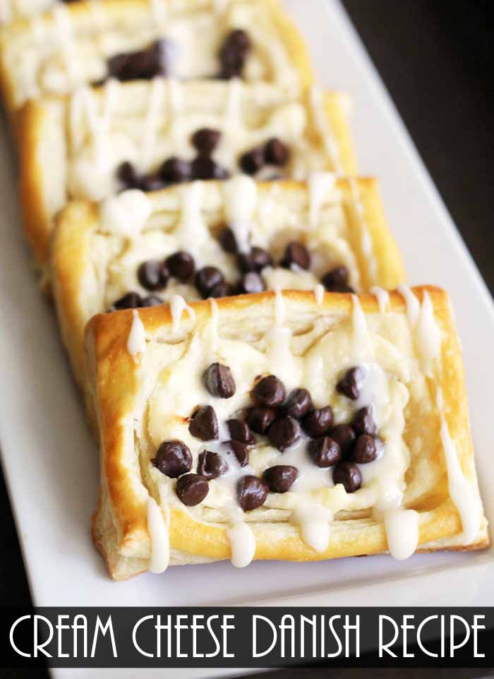 A cream cheese danish recipe that you will love! The addition of chocolate chips makes this one extra special! Easy to make with store bough puff pastry!