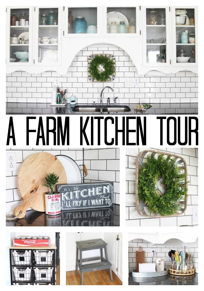 Pinnable collage image of kitchen with text overlay saying "Farm kitchen tour"