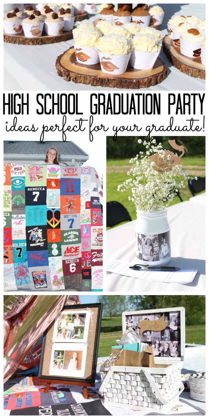 Pin image with graduation party decor and text overlay saying "high school graduation party ideas"