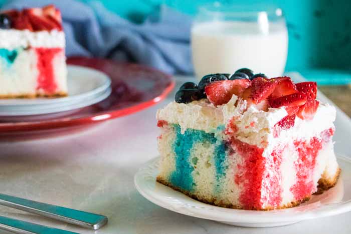 Try this Fourth of July cake!  A Jello poke cake is an easy way to get patriotic!