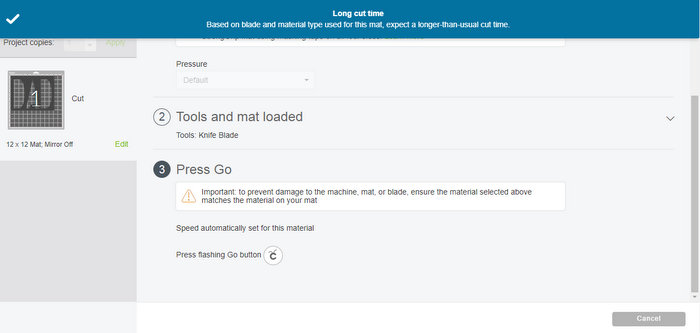 long cut time warning on a cricut maker