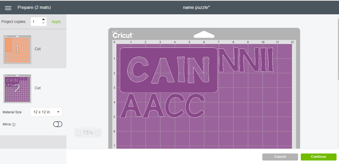 mat in cricut design space showing cuts