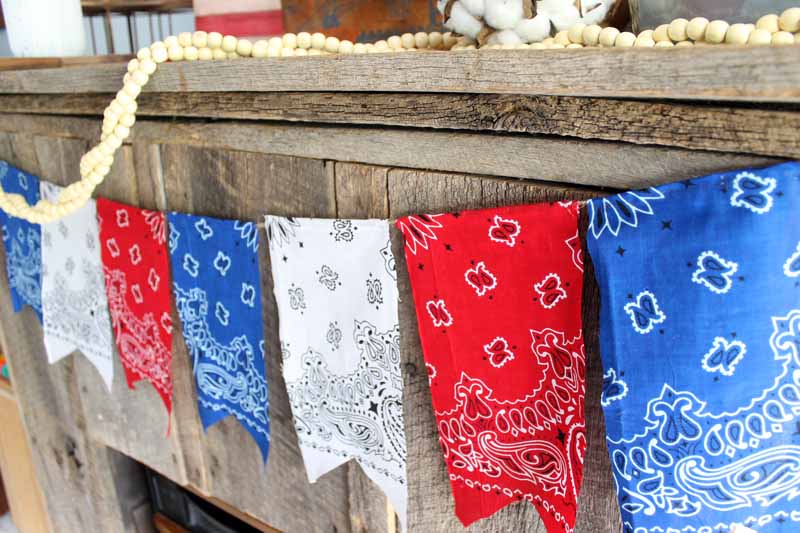 Completed bunting project handging on wooden table