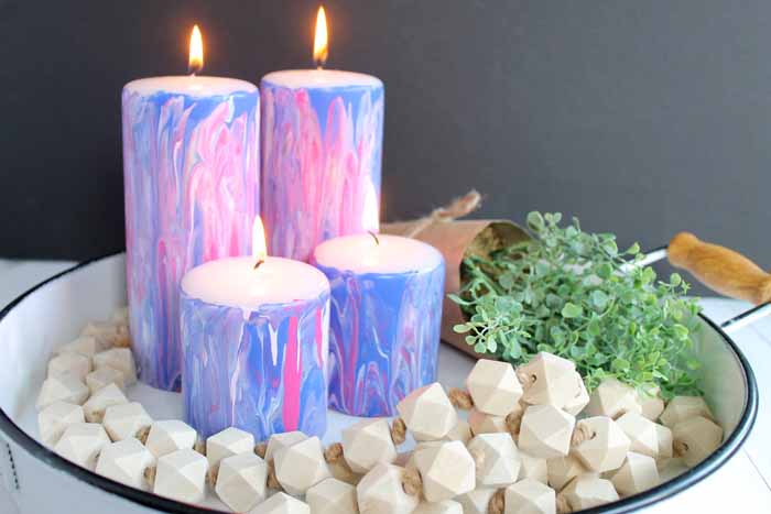 marbled candles on a tray