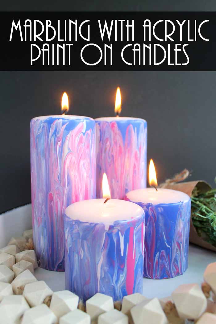 Pin image with text overlay saying "marbling with acrylic paint on candles"