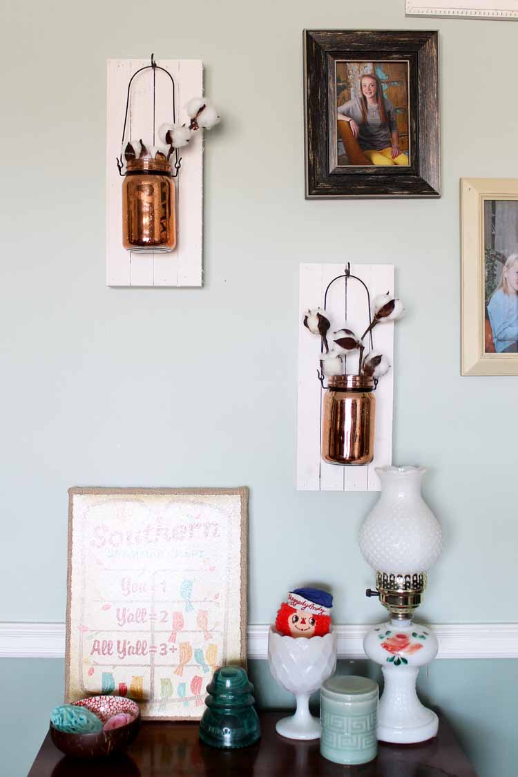 copper hanging mason jar on wood