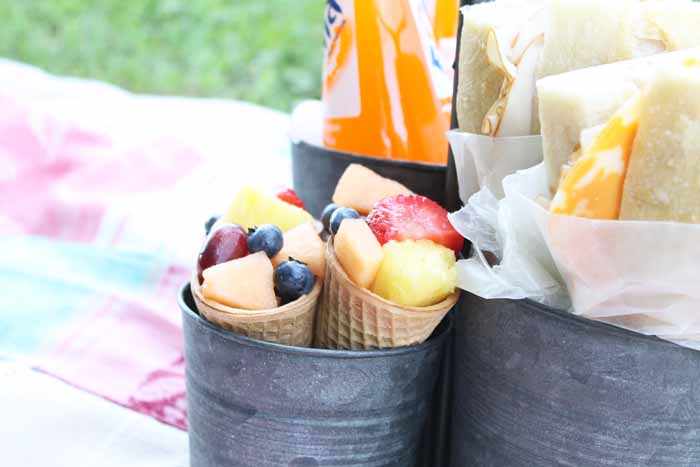 fruit in ice cream cones for a picnic