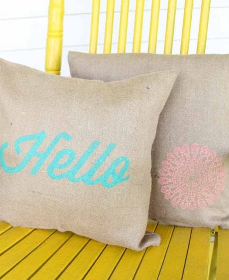 burlap pillows on a porch