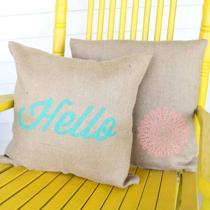 burlap pillows on a porch