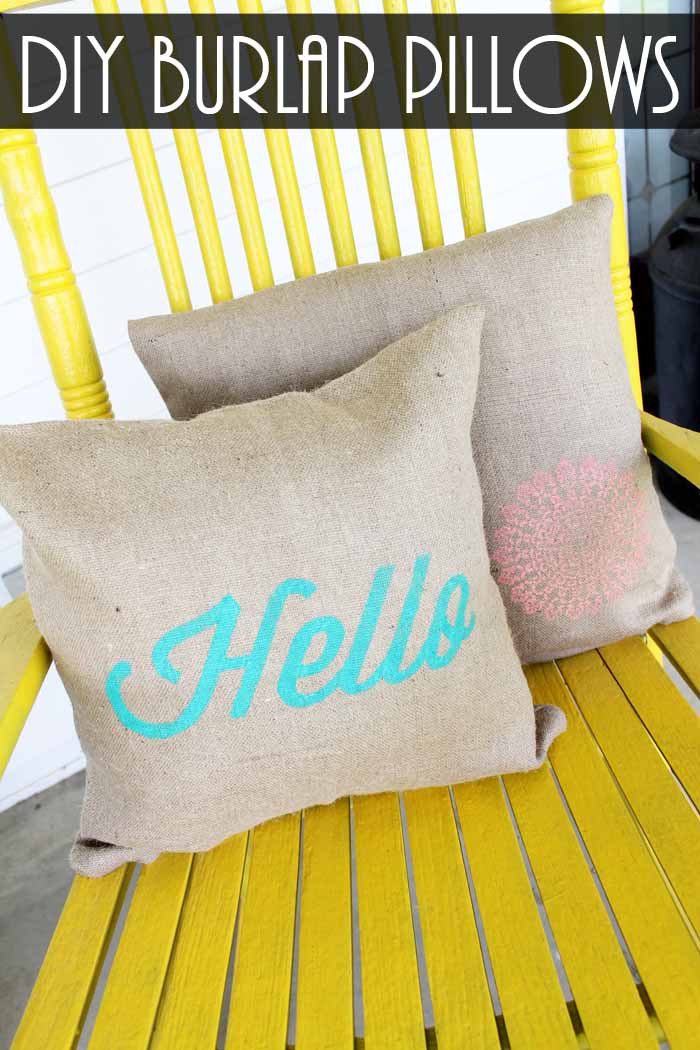burlap pillows on a yellow rocking chair