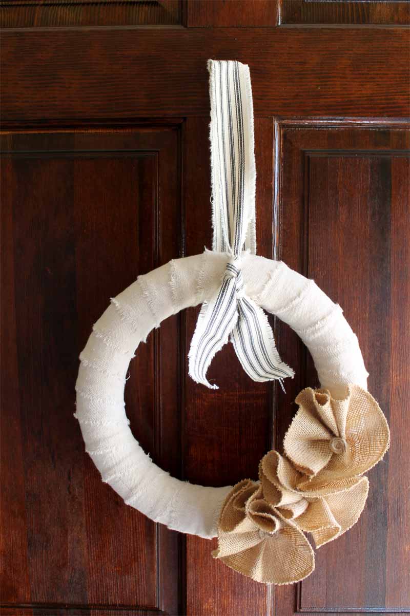 burlap flowers on a wreath form