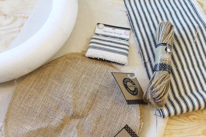 Supplies needed to make an easy burlap wreath.