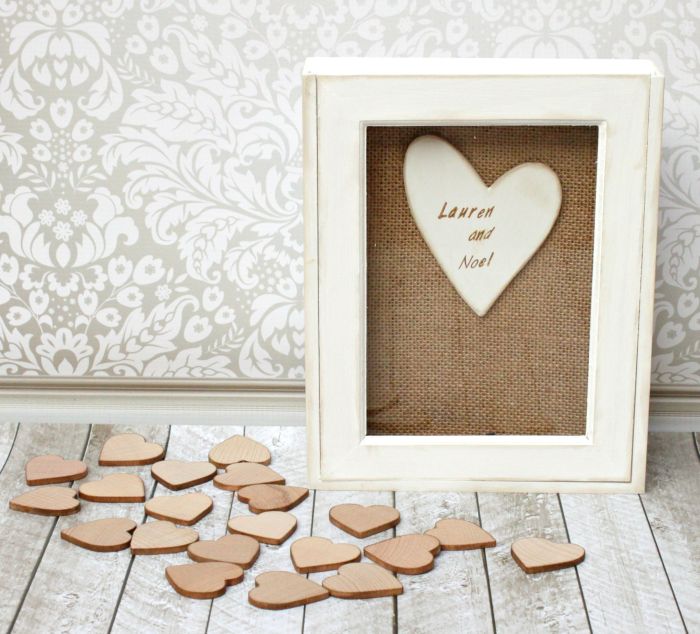 wooden hearts around a burlap picture frame project