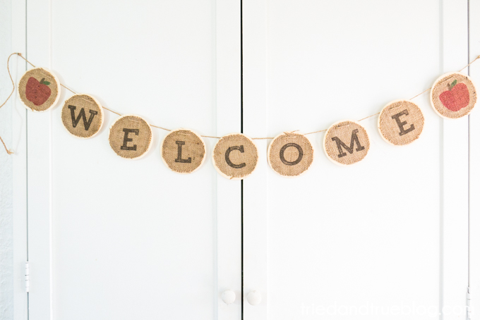 welcome banner with burlap