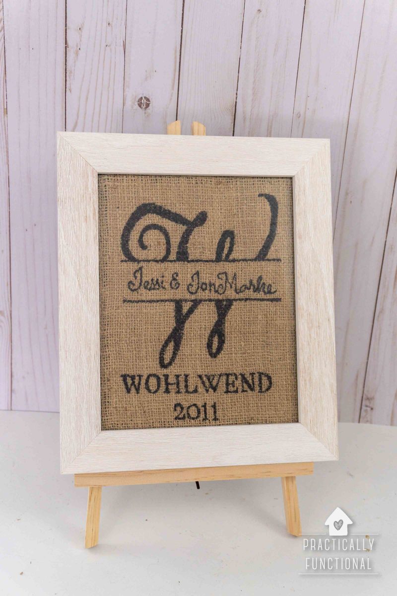 burlap name in a frame