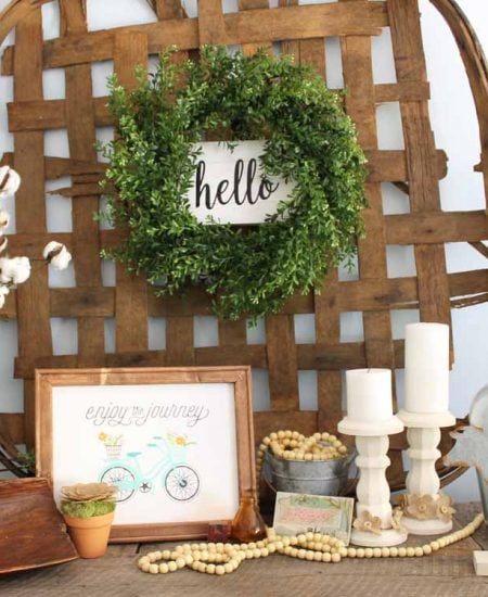 diy farmhouse wreath on a rustic mantel