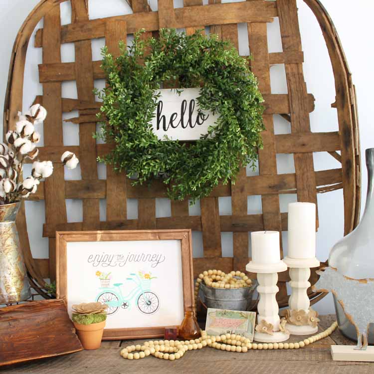 diy farmhouse wreath on a rustic mantel