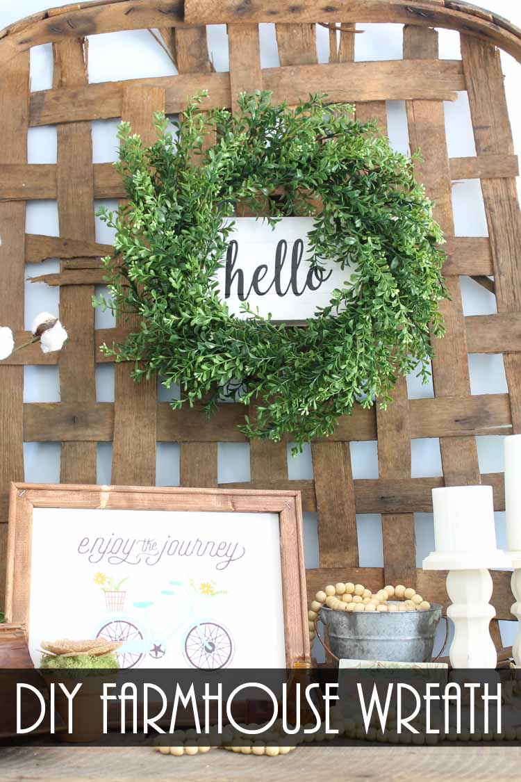 diy farmhouse wreath on a tobacco basket