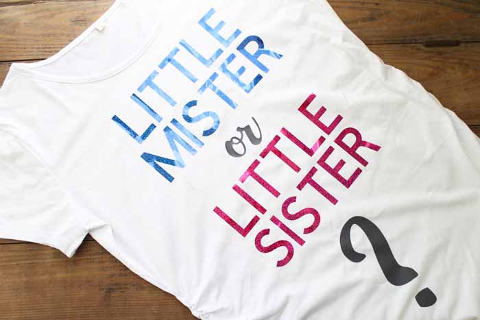Use our free cricut design file to make this Little Mister or Little Sister gender reveal shirt for your family!