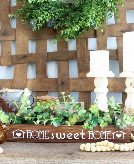 farmhouse style wooden box on a table