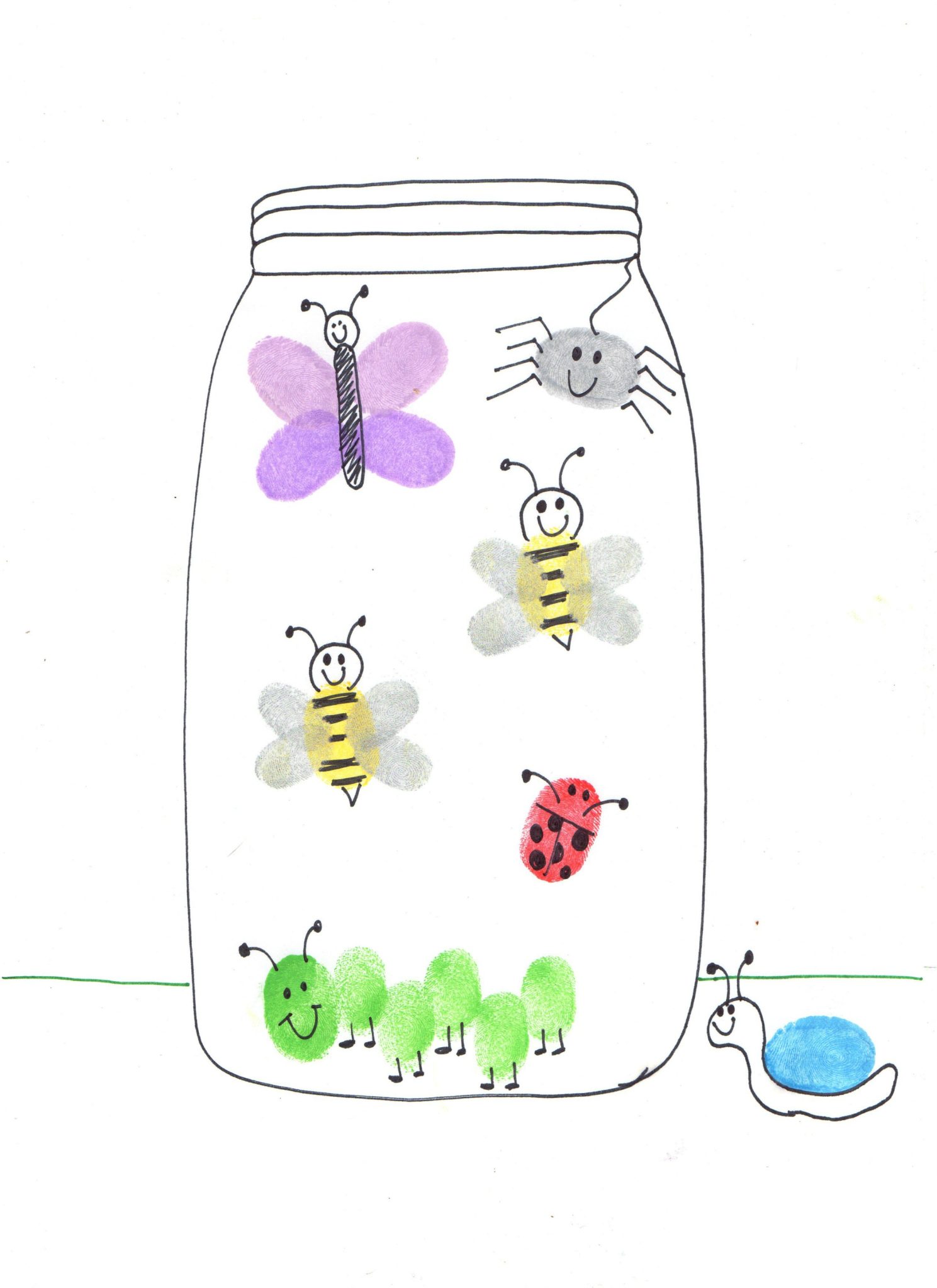 Graphic of insects drawn with fingerprints inside of mason jar