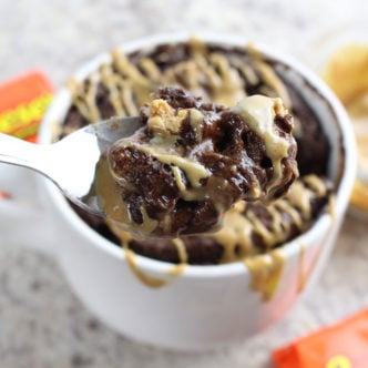 Dive into this mug cake recipe made with Reese's peanut butter cups! You will love the chocolate and peanut butter combination for a dessert in minutes!