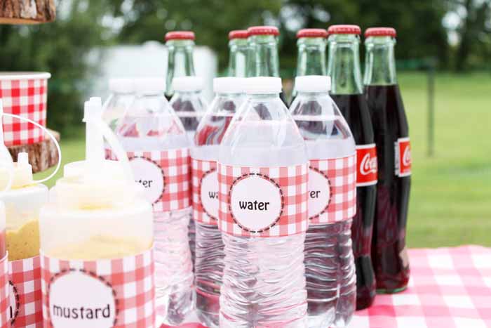 Use these picnic style printable labels to dress up water bottles to match your hot dog bar theme