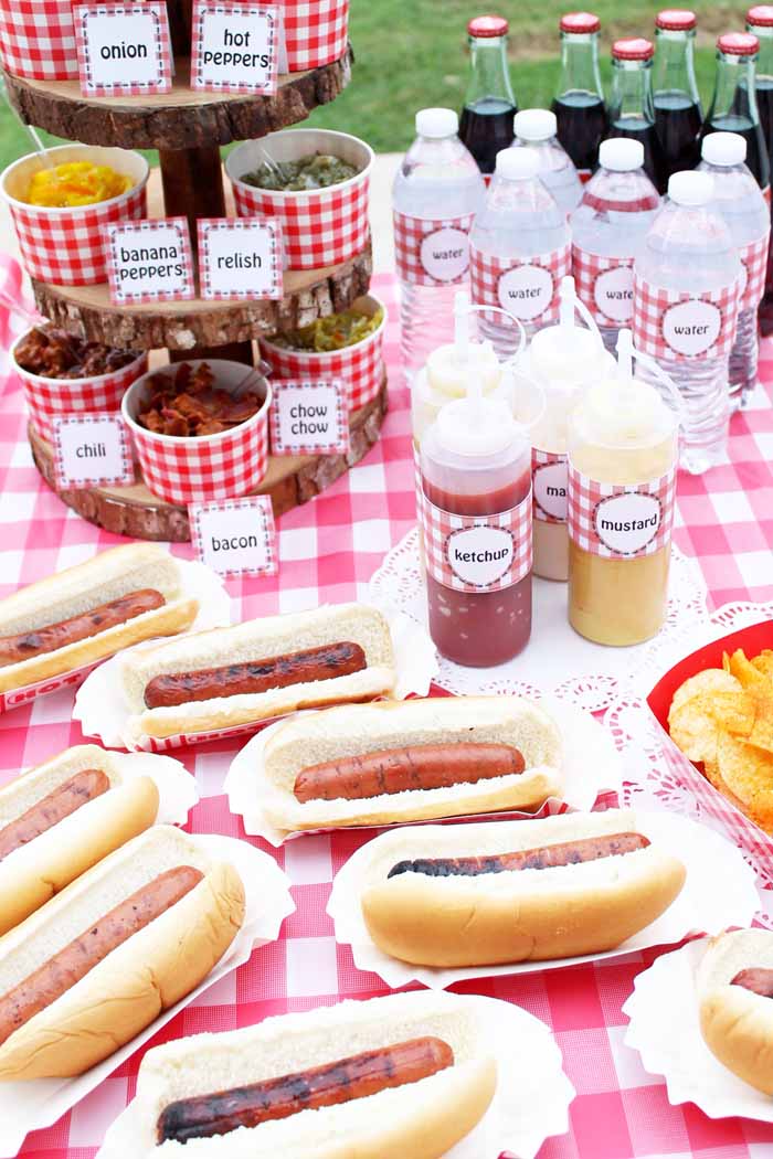 A hot dog bar is a great budget-friendly party food idea!