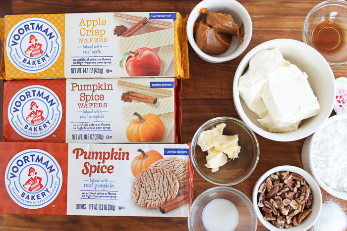 voortman cookies and cheesecake dip ingredients on a cutting board