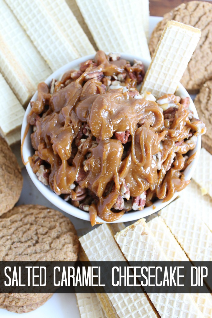 cheesecake dip with salted caramel and pecans