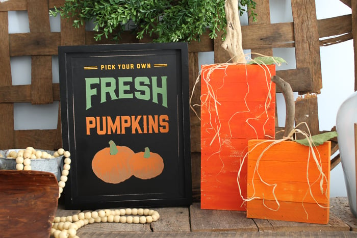 fresh pumpkins sign made with chalk couture