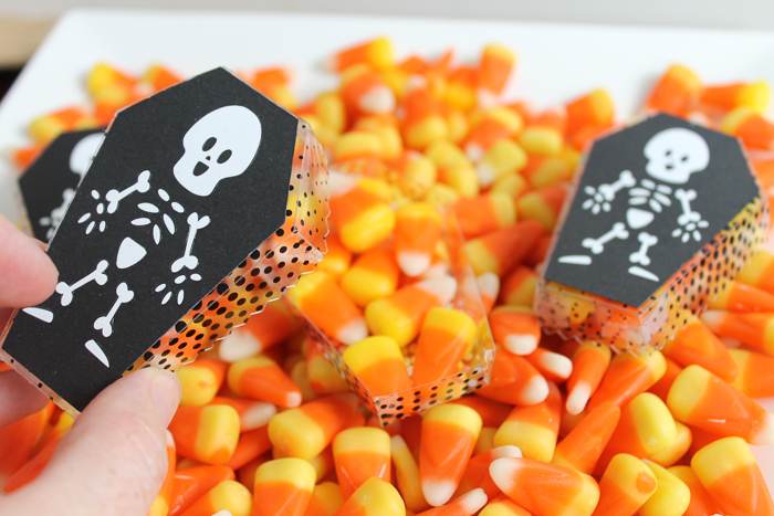 candy corn in a coffin gift box