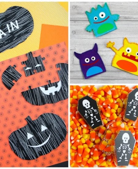 Make these three Halloween gift ideas with your Cricut Maker! Includes coffin treat boxes, felt monster puppets, and shaped pumpkin chipboard puzzles! #cricut #cricutmade #cricutmaker #halloween