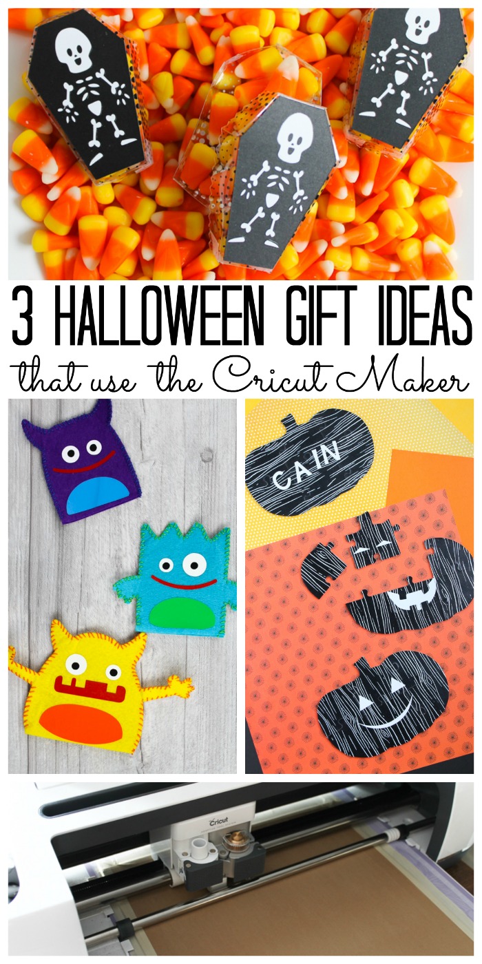 Make these three Halloween gift ideas with your Cricut Maker! Includes coffin treat boxes, felt monster puppets, and shaped pumpkin chipboard puzzles! #cricut #cricutmade #cricutmaker #halloween