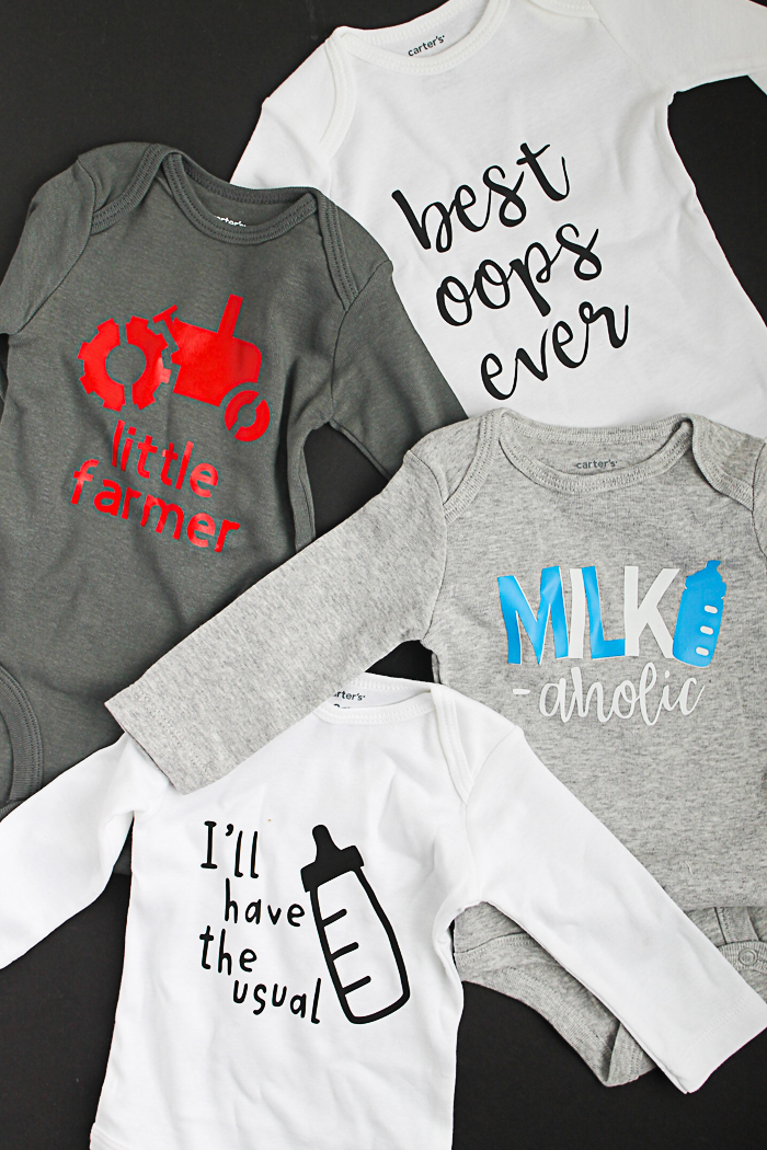 Make these cute baby onesies with heat treat vinyl! Get the cut files as well! #cricut #cricutmade #cricuteasypress