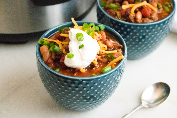 bowl full of chili made in the instant pot