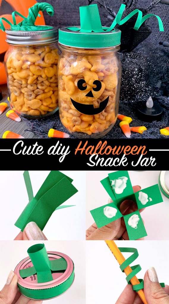 diy pumpkin treat jar filled with orange snacks