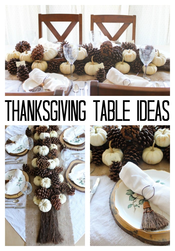 Thanksgiving table ideas using brooms and pine cones as decorations