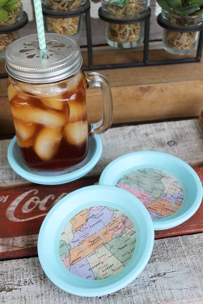 diy map coasters in use with a beverage