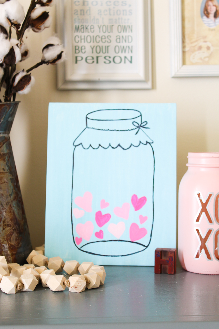 mason jar painting with pink hearts