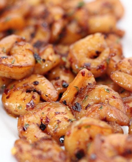 A close up of a plate of food, with Shrimp