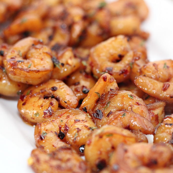 A close up of a plate of food, with Shrimp