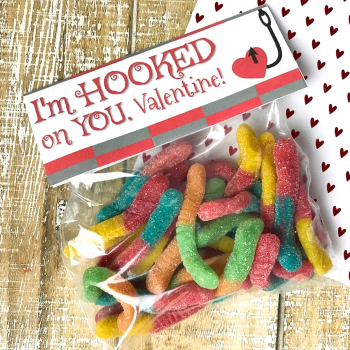 candy treat bags for Valentine's Day with gummy worms 