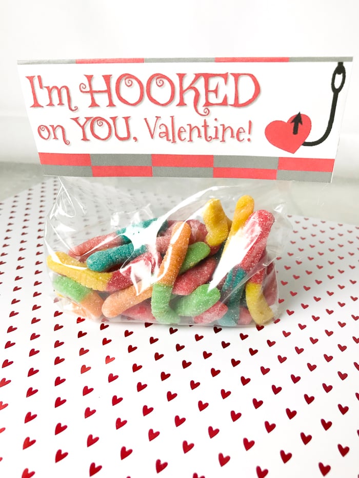 Valentine's Day Classroom Candy Bags hooked on you Valentine goodie bag