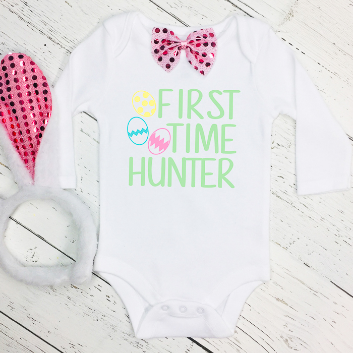 "first time hunter" baby onesie with bunny ears