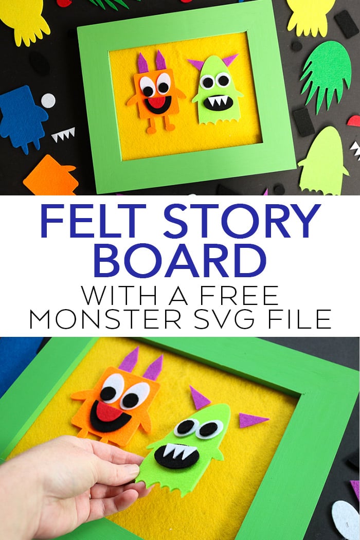 Make a DIY felt story board with your Cricut or Silhouette and this free monster SVG file! Preschoolers will love playing with this DIY felt board! #kidscrafts #cricut #cricutmade #silhouette #svgfile #svg #freesvg #monsters