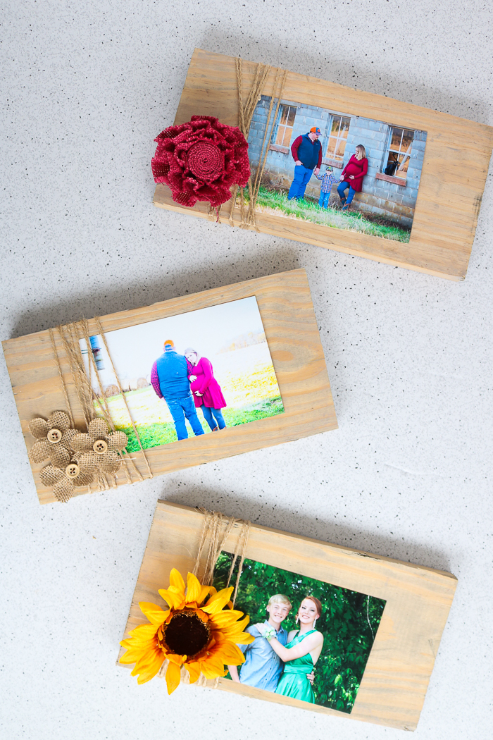 Burlap flowers, sunflowers, and more adorn these frames!